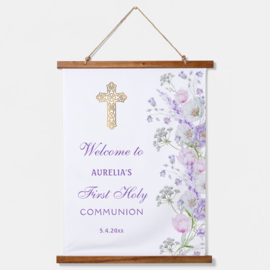 Waterverf Lila Bloemen Eerste Communie Welkom Hangend Wandkleed (Voorkant)