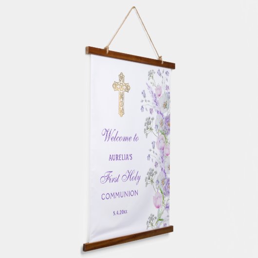 Waterverf Lila Bloemen Eerste Communie Welkom Hangend Wandkleed (Gebogen)
