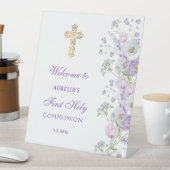 Waterverf Lila Bloemen Eerste Communie Welkom Reclamebord Met Voetstuk (Insitu)