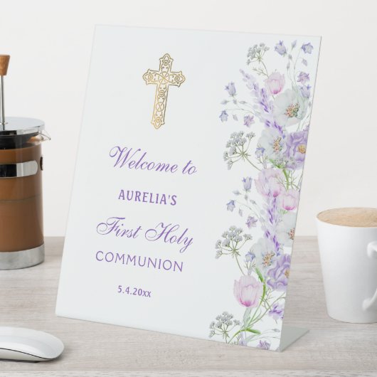 Waterverf Lila Bloemen Eerste Communie Welkom Reclamebord Met Voetstuk (Insitu)
