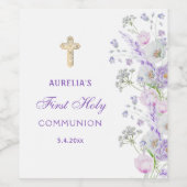Waterverf Lila Bloemen Eerste Communie Wijn Etiket (Enkel label)