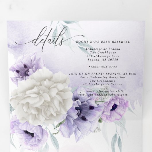 Waterverf Lila bloemen IN ÉÉN WEDING Drieluik Uitnodiging (Binnenzijde eerst)