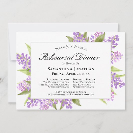 Waterverf Lila Bouquet Wedding Rehearsal Dinner Kaart (Voorkant)