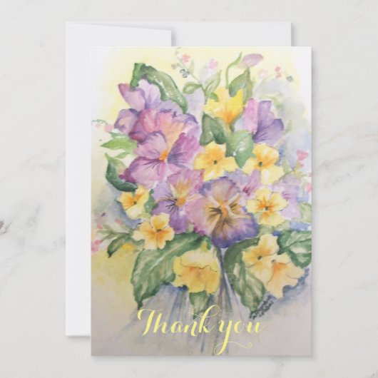 Waterverf lila en lichtgele pansies bouquet bedankkaart (Voorkant)