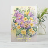 Waterverf lila en lichtgele pansies bouquet bedankkaart (Staand voorkant)