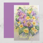 Waterverf lila en lichtgele pansies bouquet bedankkaart (Voorkant / Achterkant)