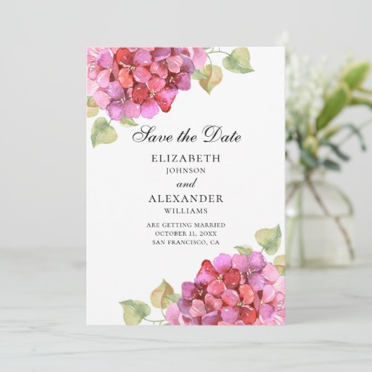 Waterverf lila. Fuchsia bloemen. Roze floraal Save The Date (Staand voorkant)