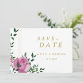 Waterverf lila groen goud bloem Save the Date Kaart (Staand voorkant)