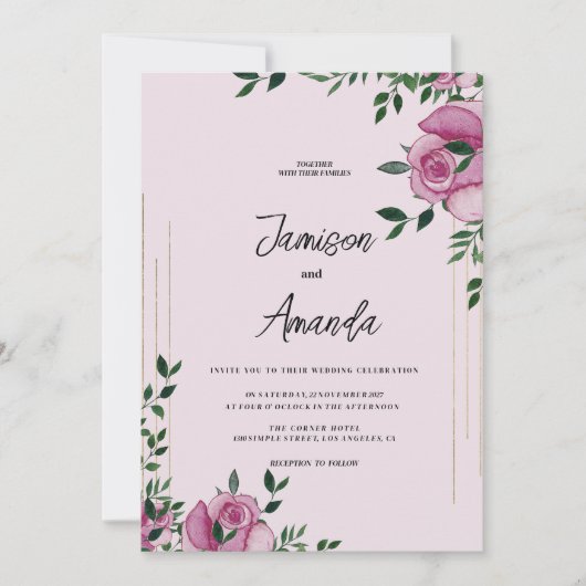 Waterverf lila groen goud roos bloemenbruiloft kaart (Voorkant)