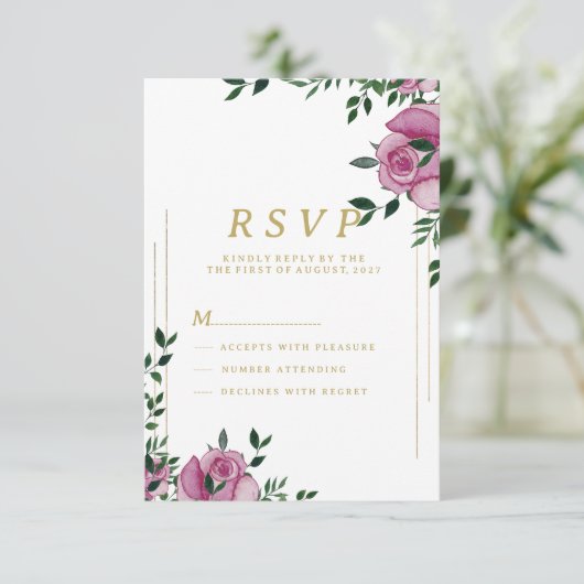 Waterverf lila groen gouden bloem RSVP Kaart (Staand voorkant)