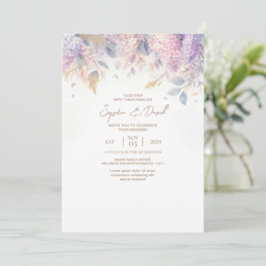 Waterverf Lila huwelijksuitnodiging Kaart (Staand voorkant)