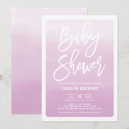 Waterverf Lila Ombre Calligrafie Baby shower Kaart (Voorkant / Achterkant)