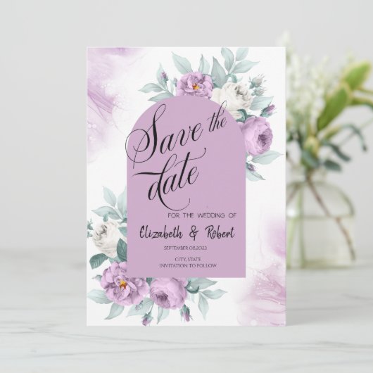 Waterverf Lila Rozen Polka Dots Save the Date (Staand voorkant)