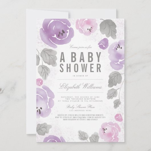 Waterverf Lila Rozen Romantisch Baby shower uitnod Kaart (Voorkant)