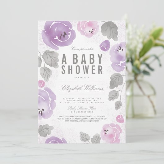 Waterverf Lila Rozen Romantisch Baby shower uitnod Kaart (Staand voorkant)