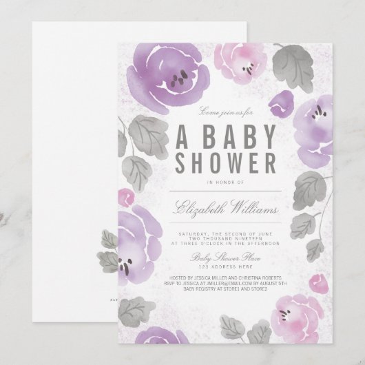 Waterverf Lila Rozen Romantisch Baby shower uitnod Kaart (Voorkant / Achterkant)