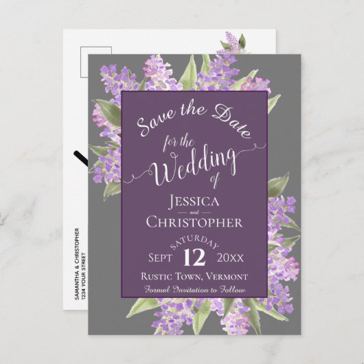 Waterverf Lilacs Boho Bruiloft Save the Date Grey Aankondigingskaart (Voorkant / Achterkant)