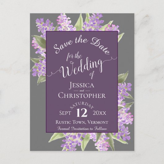 Waterverf Lilacs Boho Bruiloft Save the Date Grey Aankondigingskaart (Voorkant)