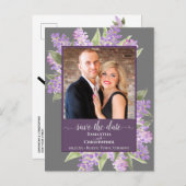 Waterverf Lilacs Bruiloft Bewaar de Datum Foto Gri Aankondigingskaart (Voorkant / Achterkant)