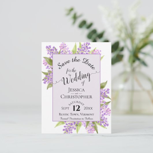 Waterverf Lilacs Bruiloft Save the Date Lavendel Aankondigingskaart (Staand voorkant)