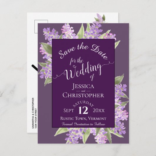 Waterverf Lilacs Bruiloft Save the Date Paarse Aankondigingskaart (Voorkant / Achterkant)