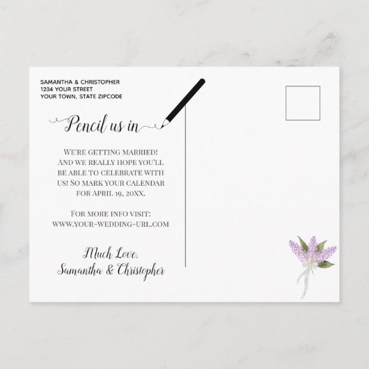 Waterverf Lilacs Bruiloft Save the Date Paarse Aankondigingskaart (Achterkant)
