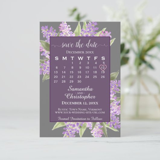 Waterverf Lilacs & Calendar Dusty Paars Wedding Save The Date (Staand voorkant)