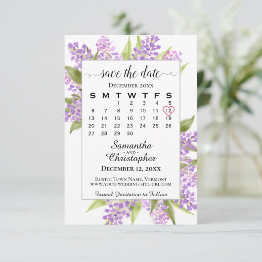 Waterverf Lilacs & Calendar Elegant Boho Wedding Save The Date (Staand voorkant)