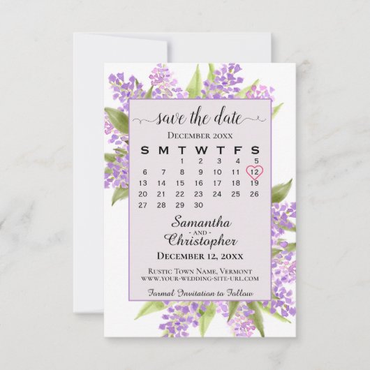 Waterverf Lilacs & Calendar Lavender Boho Wedding Save The Date (Voorkant)