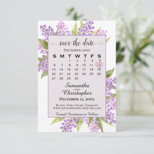 Waterverf Lilacs & Calendar Lavender Boho Wedding Save The Date (Staand voorkant)
