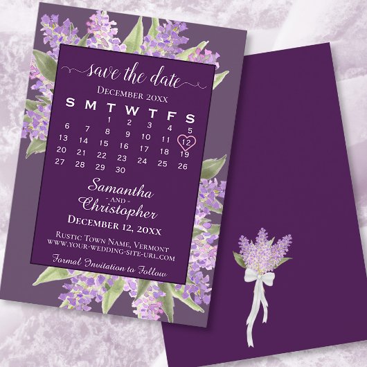 Waterverf Lilacs & Calendar Plum Paars Wedding Save The Date