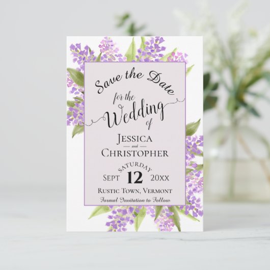 Waterverf Lilacs & Calligraphy Lavender Wedding Save The Date (Staand voorkant)