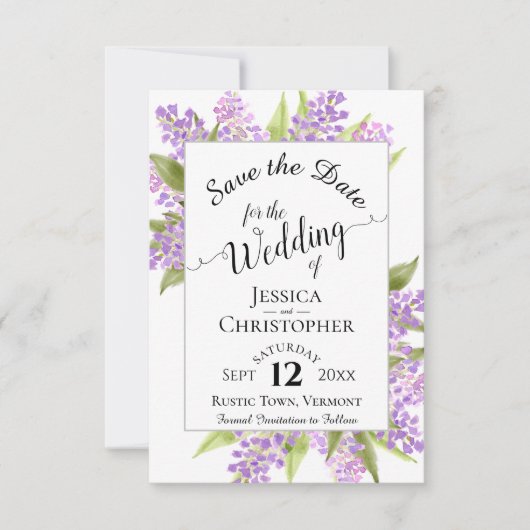 Waterverf Lilacs & Calligraphy Simple Wedding Save The Date (Voorkant)