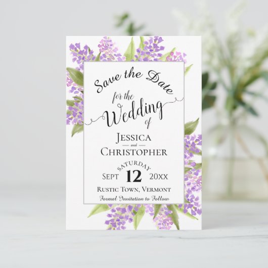 Waterverf Lilacs & Calligraphy Simple Wedding Save The Date (Staand voorkant)