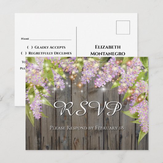 Waterverf Lilacs Met Hout & Lichten Bruiloft RSVP Briefkaart (Voorkant / Achterkant)