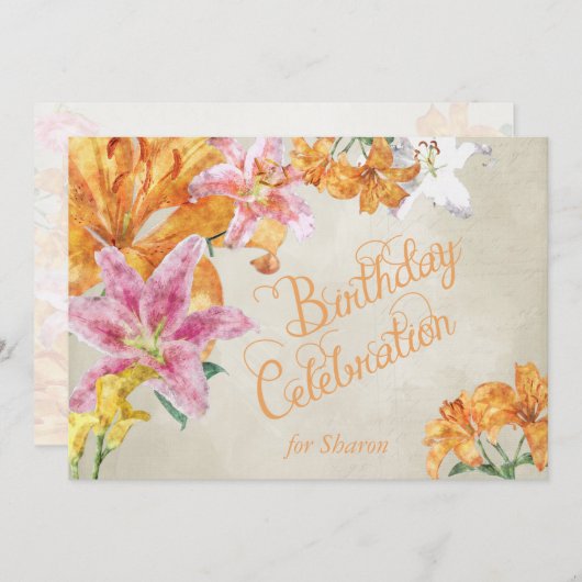 Waterverf Lilies Custom Birthday Invite Kaart (Voorkant / Achterkant)