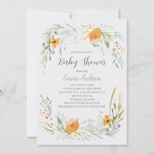 Waterverf Lily Baby shower Invitation Kaart (Voorkant)