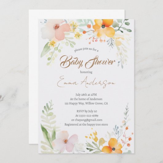 Waterverf Lily Bloemen Baby shower Uitnodiging (Voorkant / Achterkant)