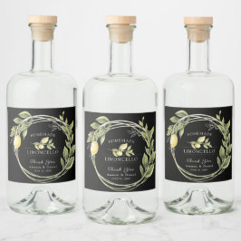 Waterverf Limoncello Bloemen Zwart Drankflesje Likeurfles Etiket