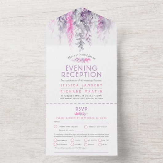 Waterverf lindigo roze avondreceptie bruiloft all in one uitnodiging (Binnen)