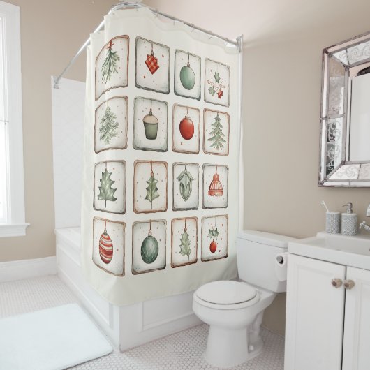 Waterverf Lineart kerstpatroon Douchegordijn (In situ)