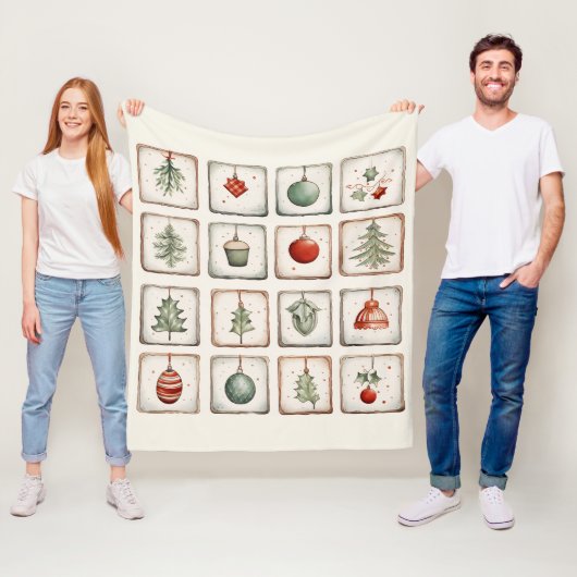 Waterverf Lineart kerstpatroon Fleece Deken (In situ)