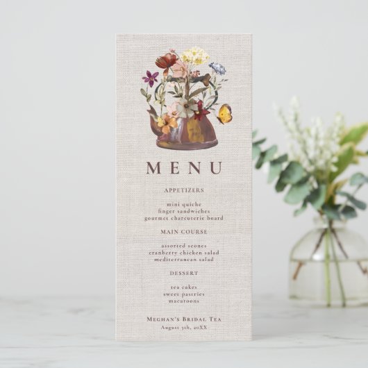 Waterverf Linnen Wildflower Tea Party Menu (Staand voorkant)