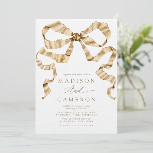 Waterverf lint boog goud en witte bruiloft kaart (Staand voorkant)