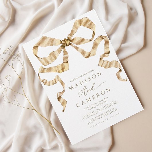 Waterverf lint boog goud en witte bruiloft kaart