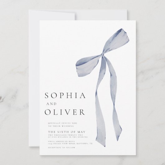 Waterverf lint boog stoffig blauw bruiloft kaart (Voorkant)