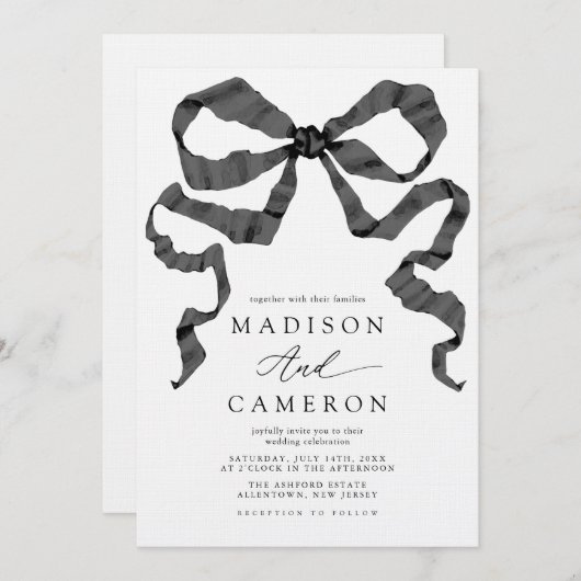 Waterverf lint boog zwart-wit bruiloft kaart (Voorkant / Achterkant)