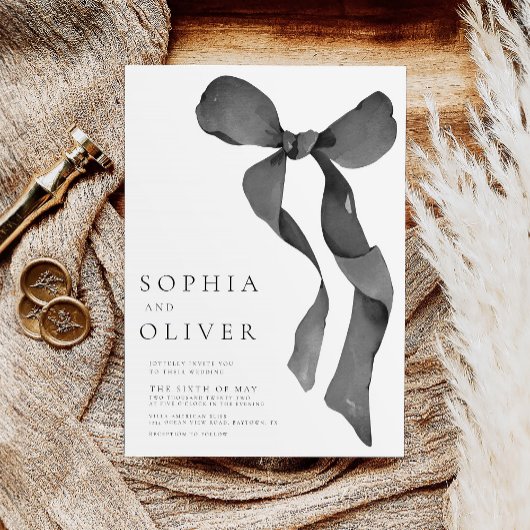 Waterverf lint boog zwart-wit bruiloft kaart