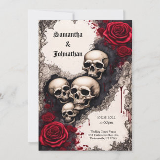 Waterverf Lint Schedel en Rozen Gothic Bruiloft Kaart
