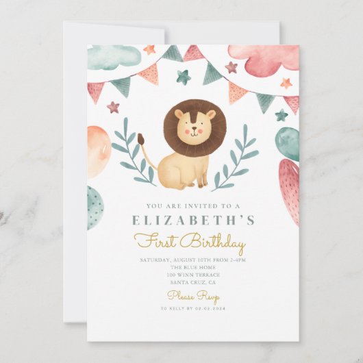 Waterverf Lion Cute Baloons 1e verjaardag Kaart (Voorkant)